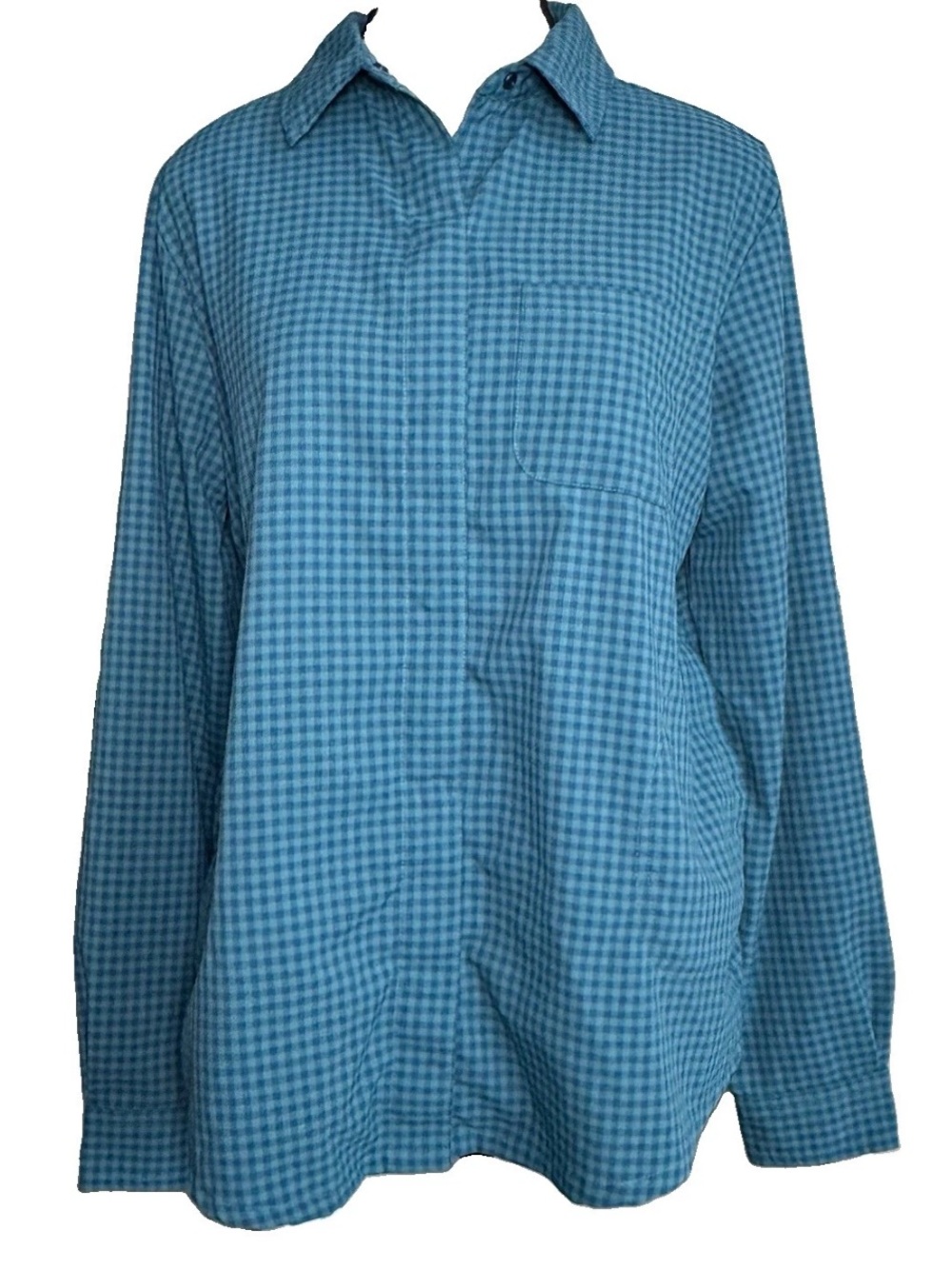 Title Nine Tuolumne Tech Hiking Shirt Gingham Blue Teal Snap Long Sleeve Small